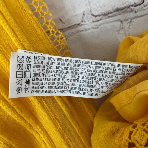 Forever 21+ Wms Yellow Cotton Fit and Flare Dress Smocked Back Crochet Lace - Picture 7 of 8